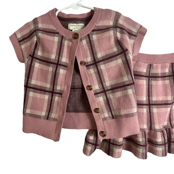 Happily Grey Kids Pink Burgundy and Cream Plaid Cardigan and Skirt Set - Picture 4 of 9